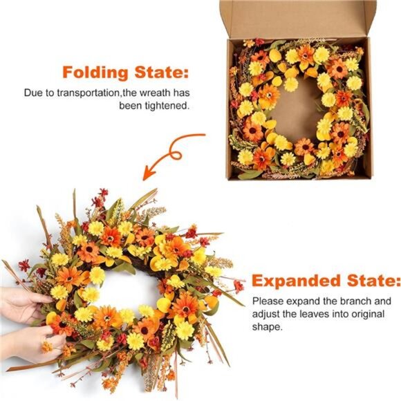 22" Fall Autumn Wreaths for Front Door Orange Daisy Wreath with Grain Ears - Picture 10 of 12